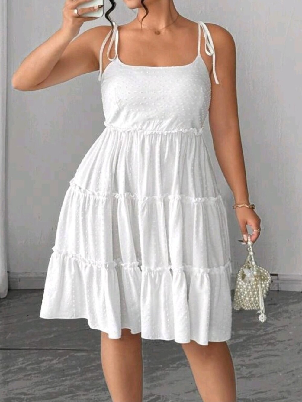 New Boho Swiss Polka Dot Babydoll Cami Mini Dress PLUS Sundress White